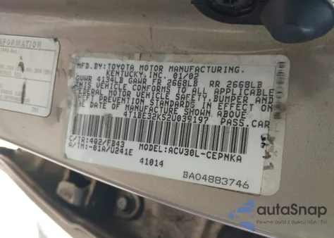 2002 Toyota Camry Le from USA, damaged, VIN 4T1BE32K52U039197